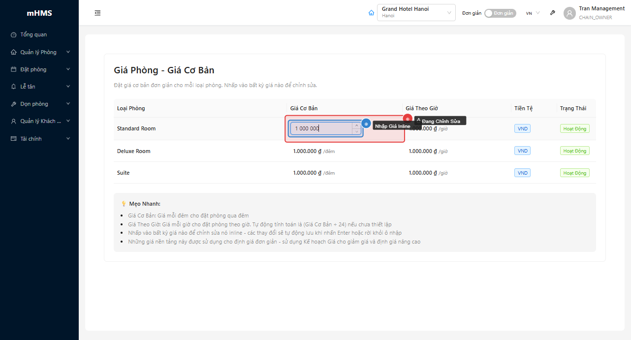 Chỉnh sửa giá trực tiếp trong bảng