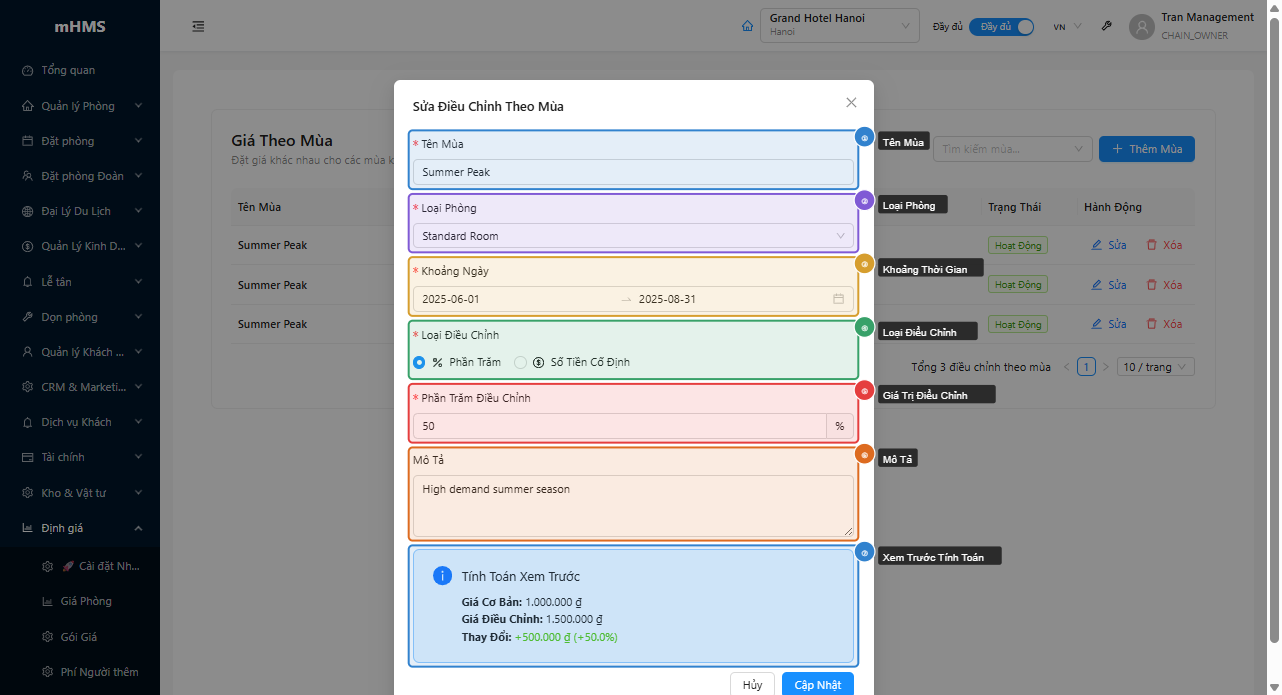 Modal tạo điều chỉnh giá theo mùa với xem trước tính toán