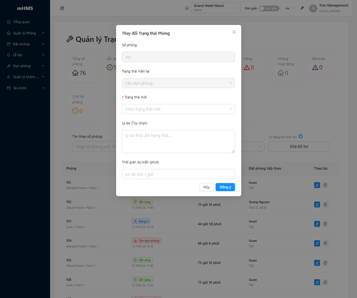 Modal lịch sử trạng thái