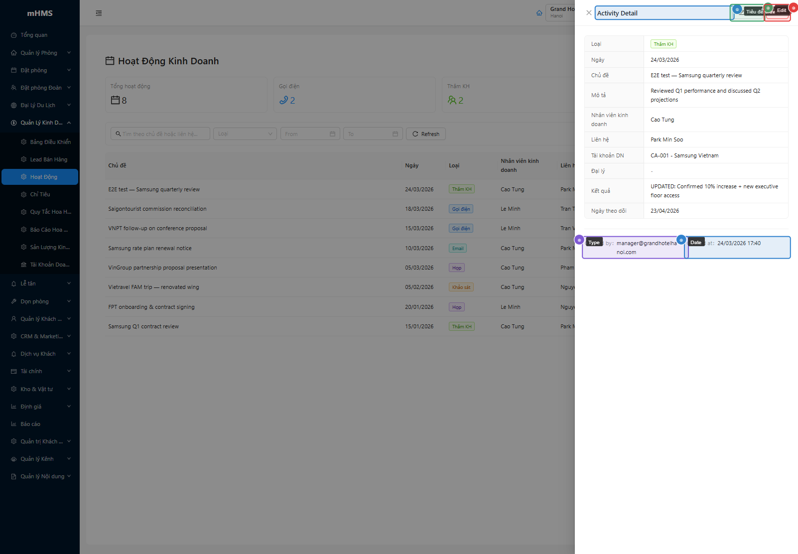 Drawer chi tiết activity với đầy đủ thông tin