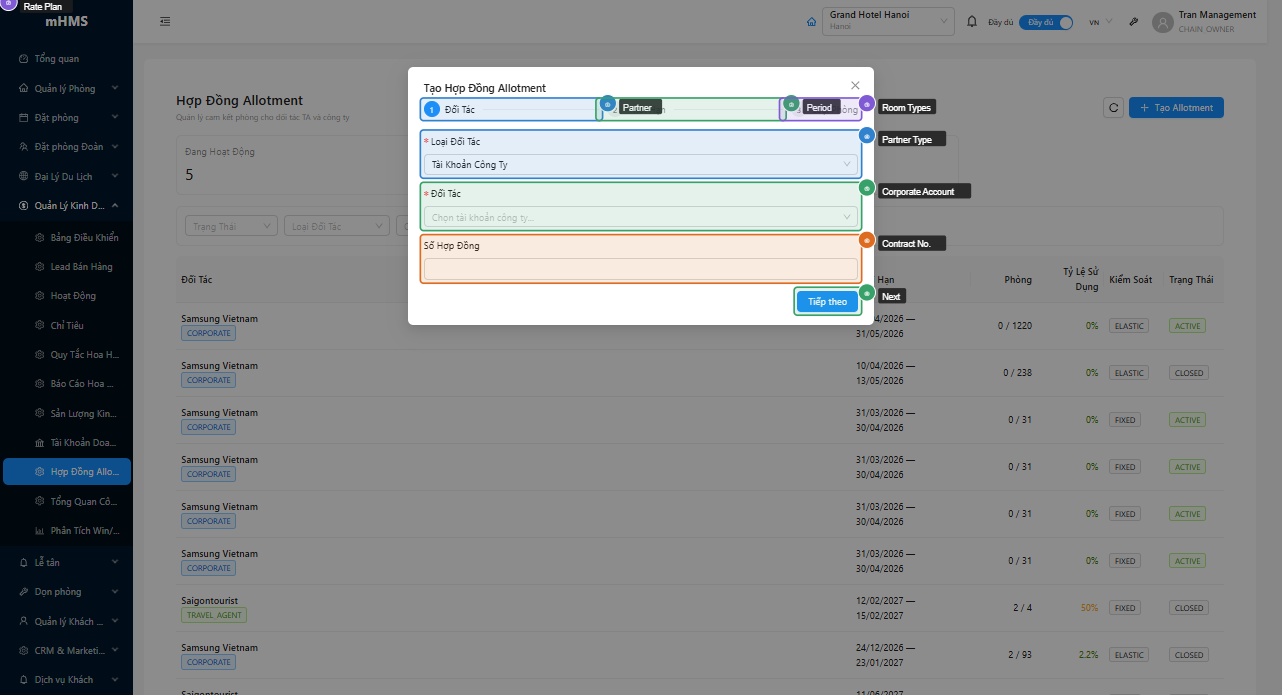 Wizard tạo Contract Allotment — bước 1: Partner
