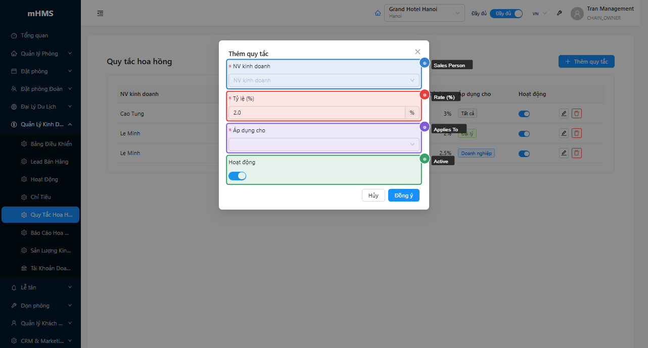 Form thêm quy tắc hoa hồng với 4 trường