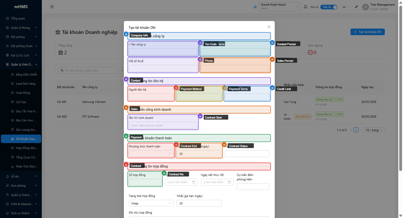 Form tạo Corporate Account với các phần thông tin