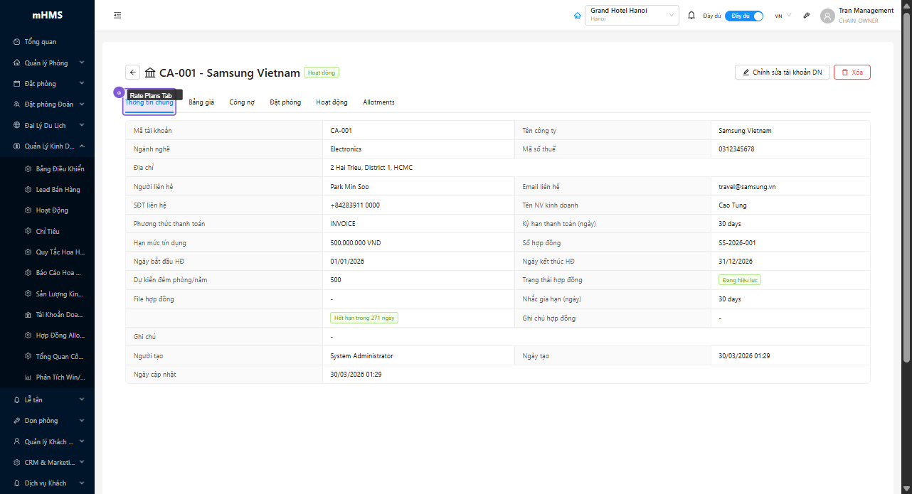 Tab Rate Plans liệt kê các rate plan của tài khoản