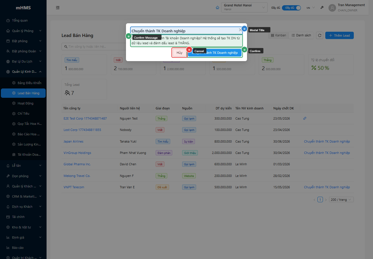 Modal xác nhận chuyển đổi lead thành Corporate Account