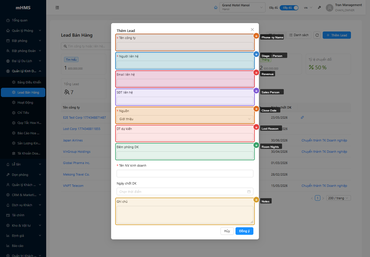 Form tạo lead mới với đầy đủ các trường