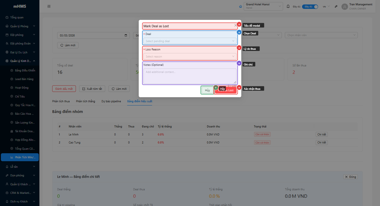 Modal Mark Deal as Lost với form chọn deal và lý do