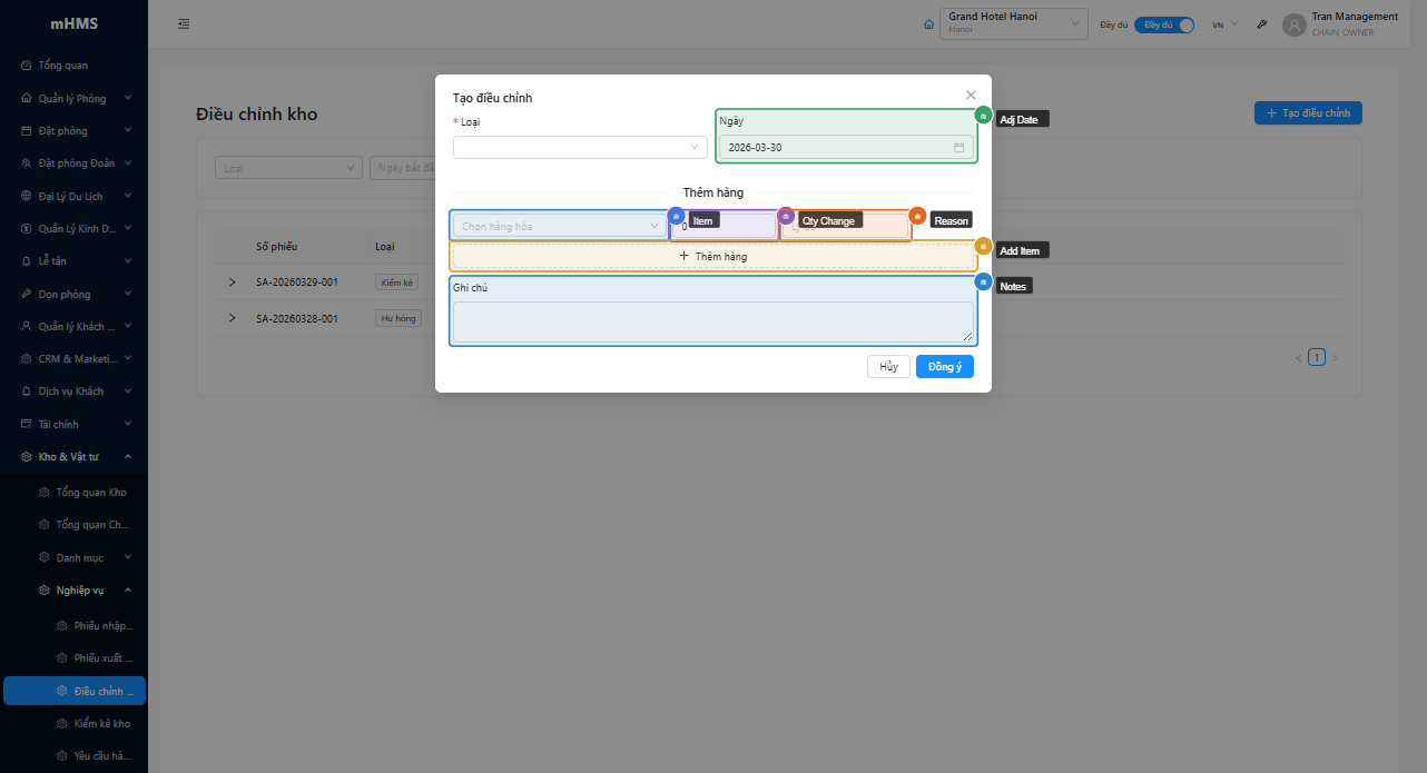 Modal tạo phiếu điều chỉnh với form thông tin và danh sách items có trường Reason