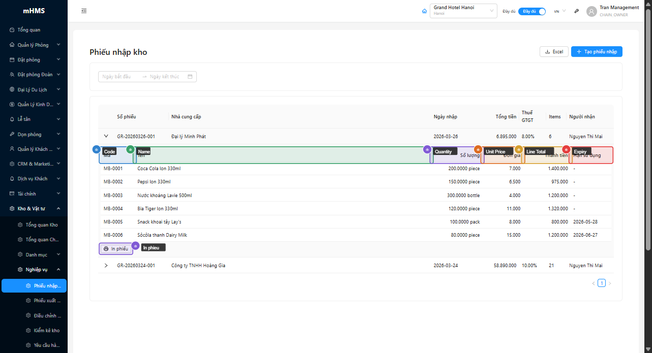 Expanded row hiển thị bảng items và nút In phiếu