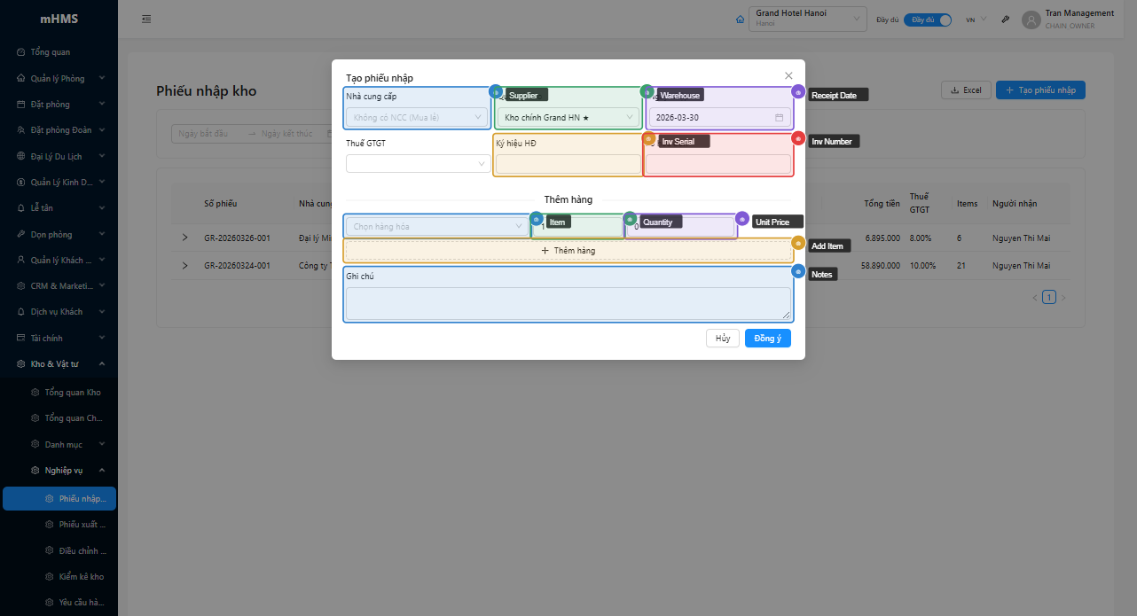 Modal tạo phiếu nhập với form thông tin và bảng items động