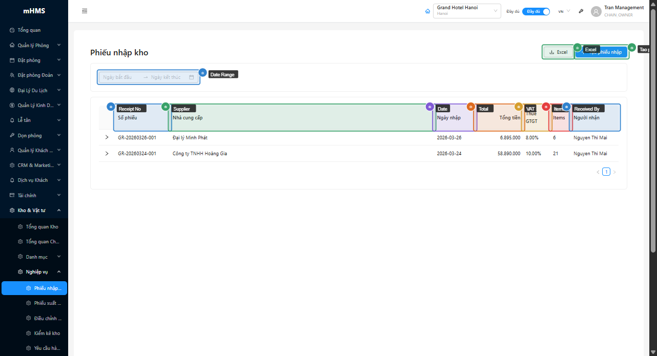 Bảng danh sách phiếu nhập kho với bộ lọc ngày, nút Excel và Tạo phiếu