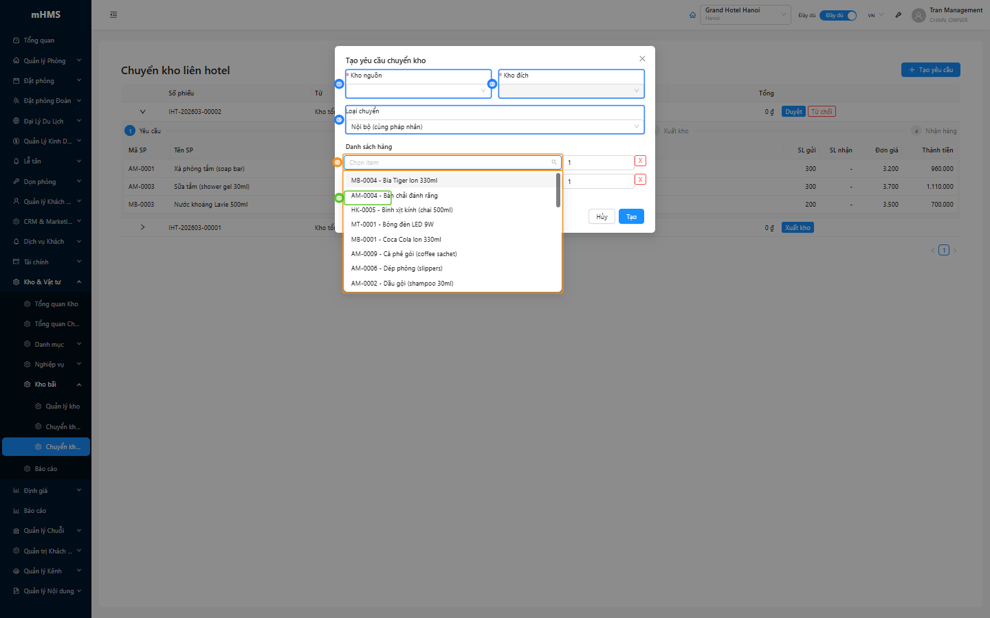 Modal tạo yêu cầu chuyển kho với kho nguồn, kho đích, loại chuyển và danh sách hàng hóa