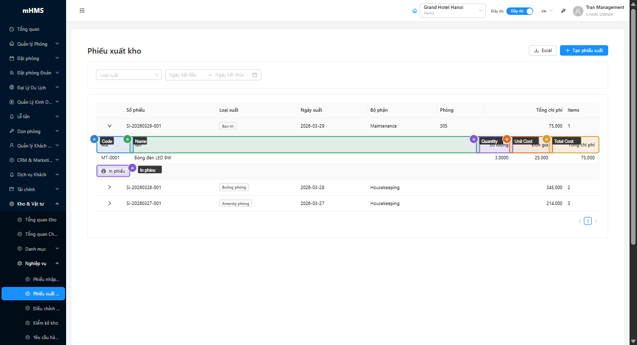 Expanded row hiển thị bảng items xuất kho và nút In phiếu