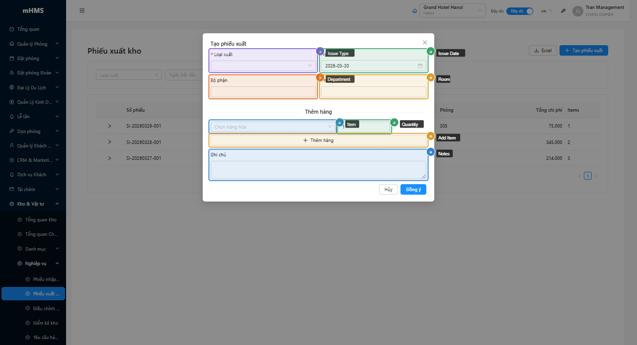 Modal tạo phiếu xuất với form thông tin và danh sách items động