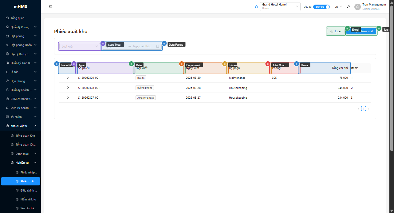Bảng danh sách phiếu xuất kho với bộ lọc Issue Type, Date Range, nút Excel và Tạo phiếu
