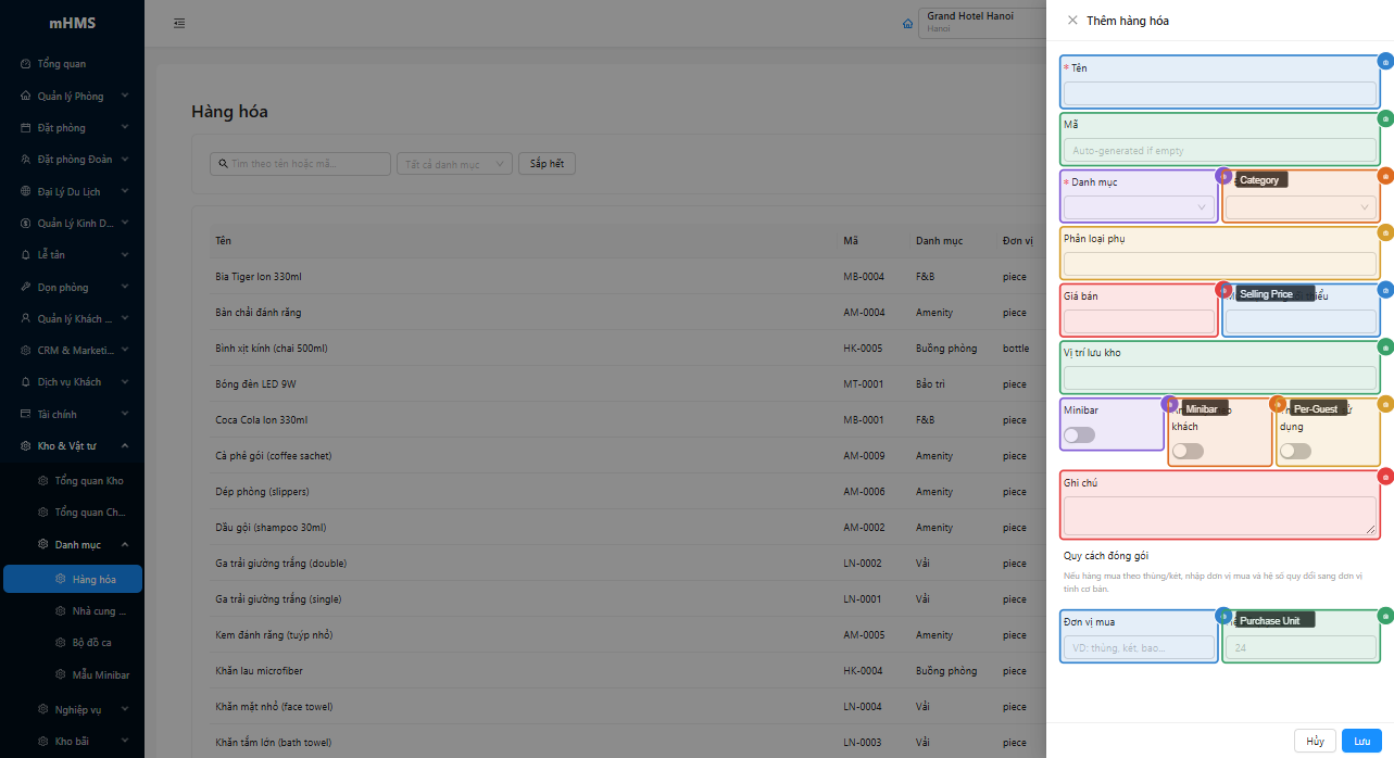 Drawer tạo hàng hóa mới với 14 trường
