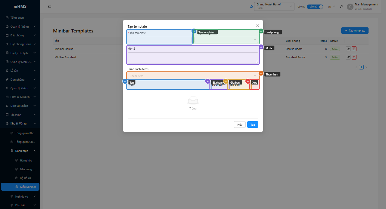 Modal tạo template với form thông tin và bảng items nội tuyến