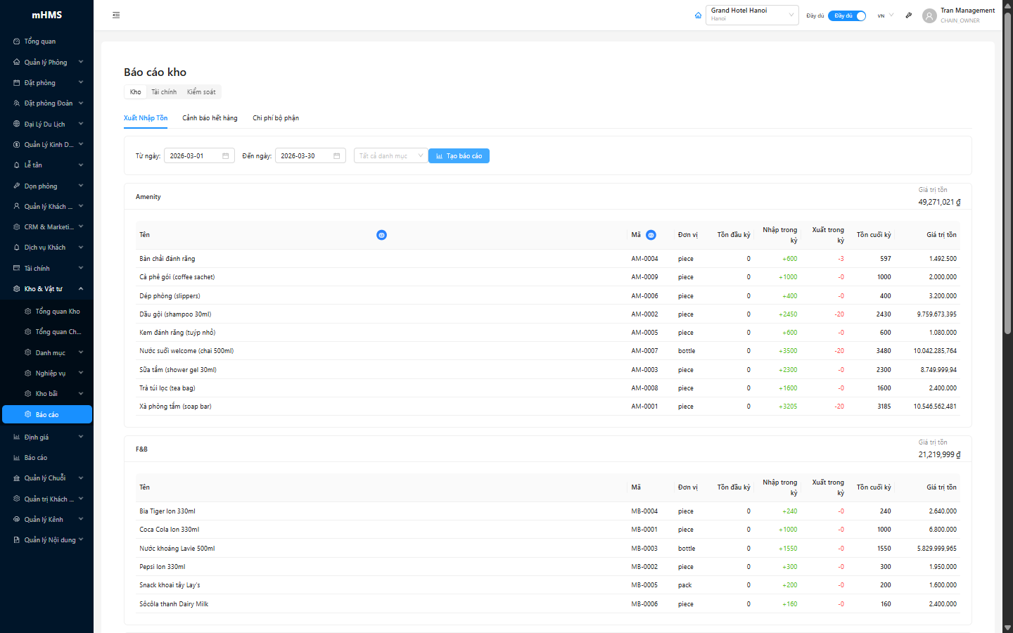 Báo cáo Xuất Nhập Tồn sau khi tạo — bảng theo nhóm danh mục với số liệu đầu kỳ, nhập, xuất, cuối kỳ