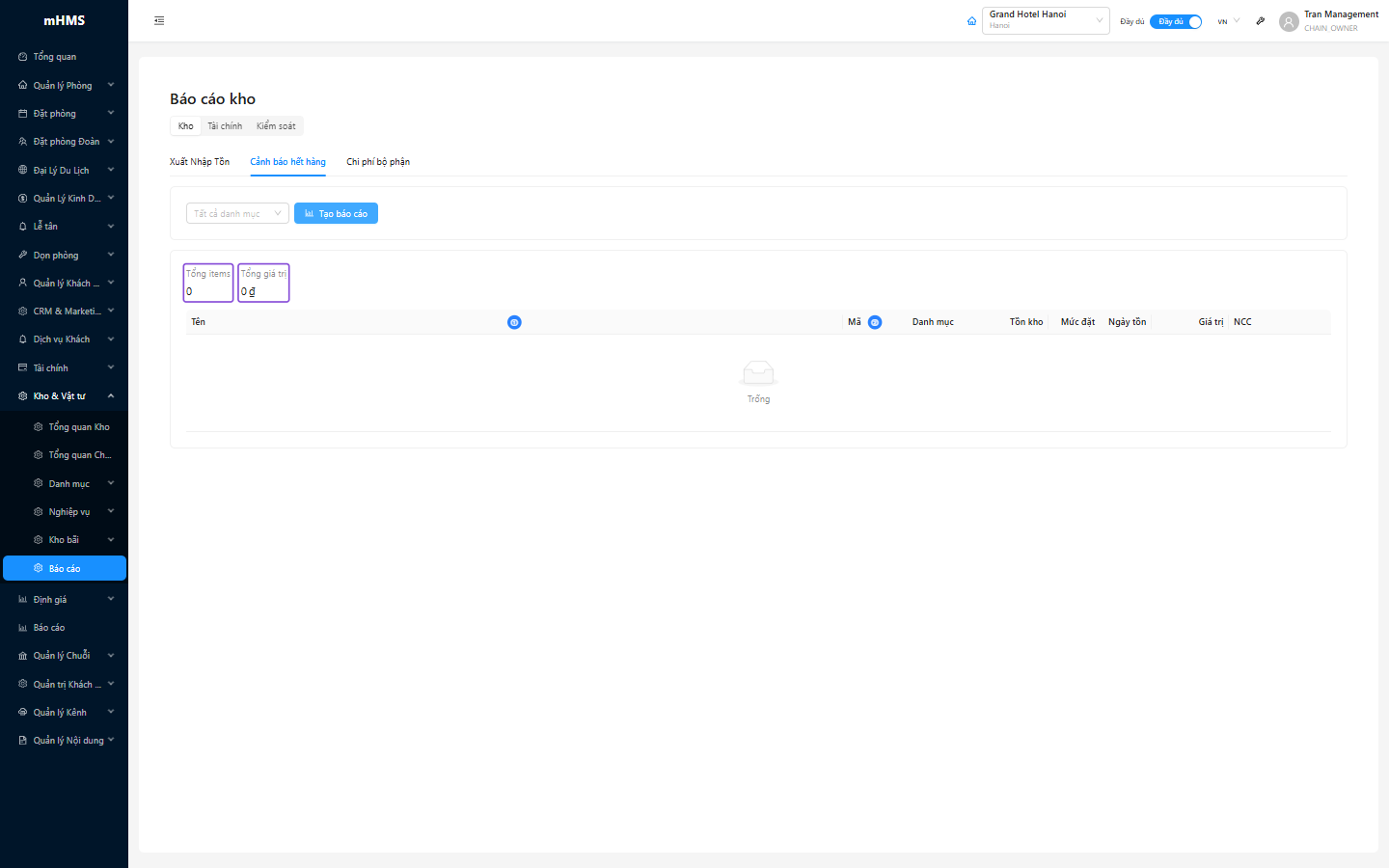 Báo cáo Low Stock với badge Hết hàng/Sắp hết/OK, thông tin NCC và nút điện thoại