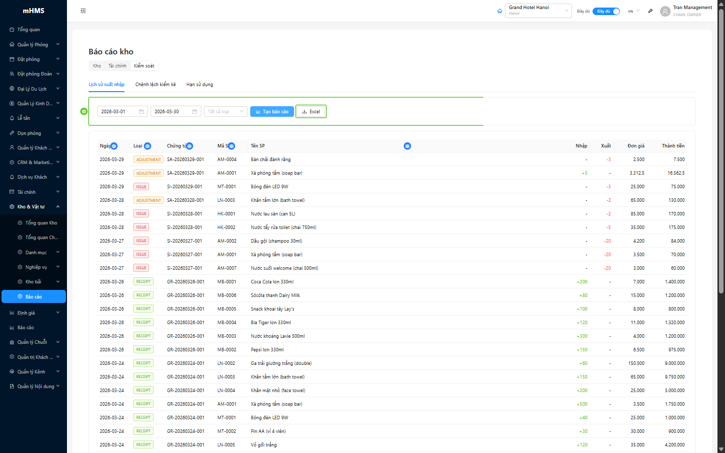 Báo cáo Movement Detail với tag màu cho từng loại giao dịch và bảng chi tiết xuất nhập