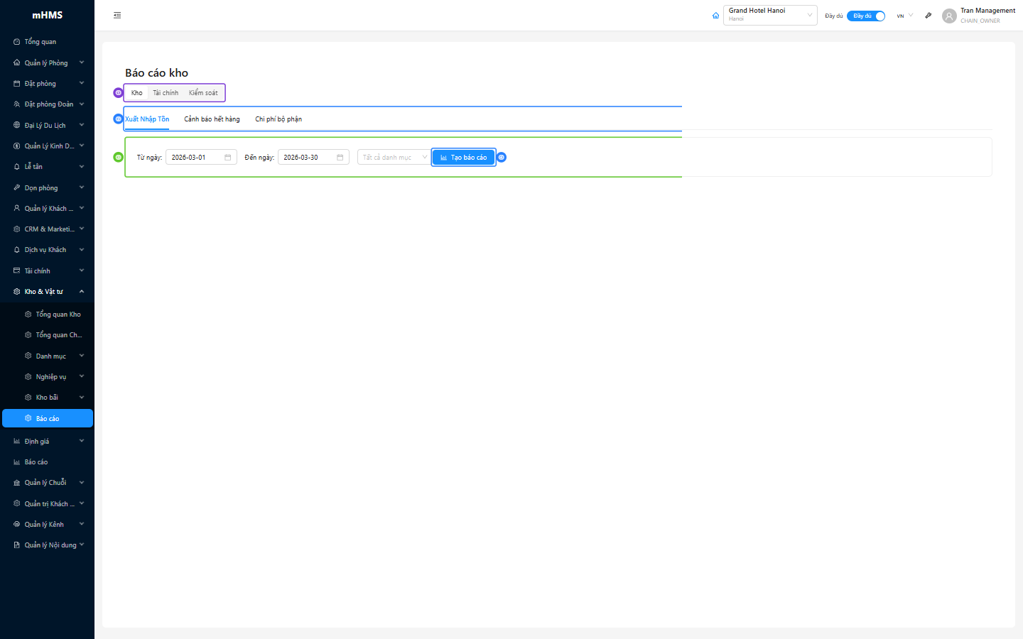 Trang báo cáo với Segmented group picker và Tabs chứa các loại báo cáo