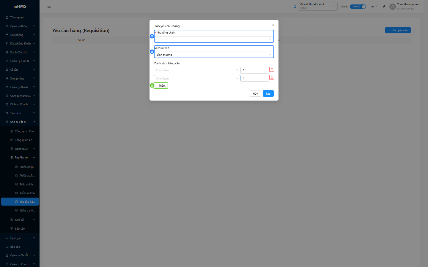 Modal tạo yêu cầu hàng với form kho tổng chain, mức ưu tiên và danh sách hàng cần