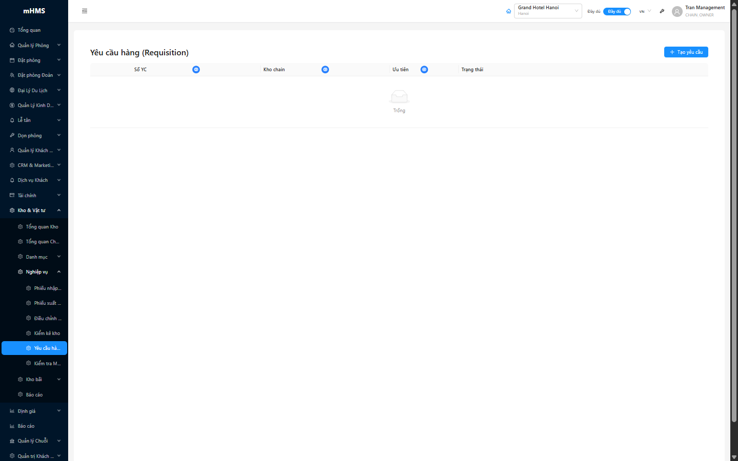 Bảng danh sách phiếu yêu cầu với số YC, kho chain, ưu tiên, trạng thái và các nút hành động
