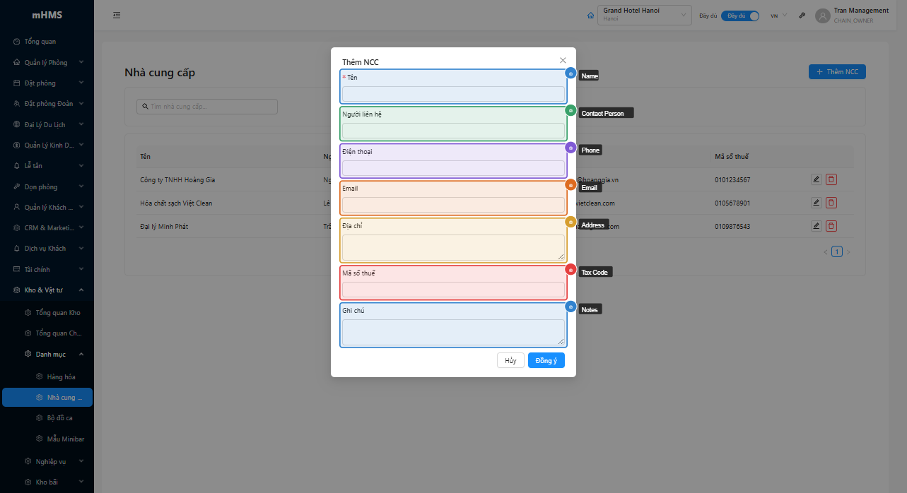 Modal tạo nhà cung cấp với 7 trường
