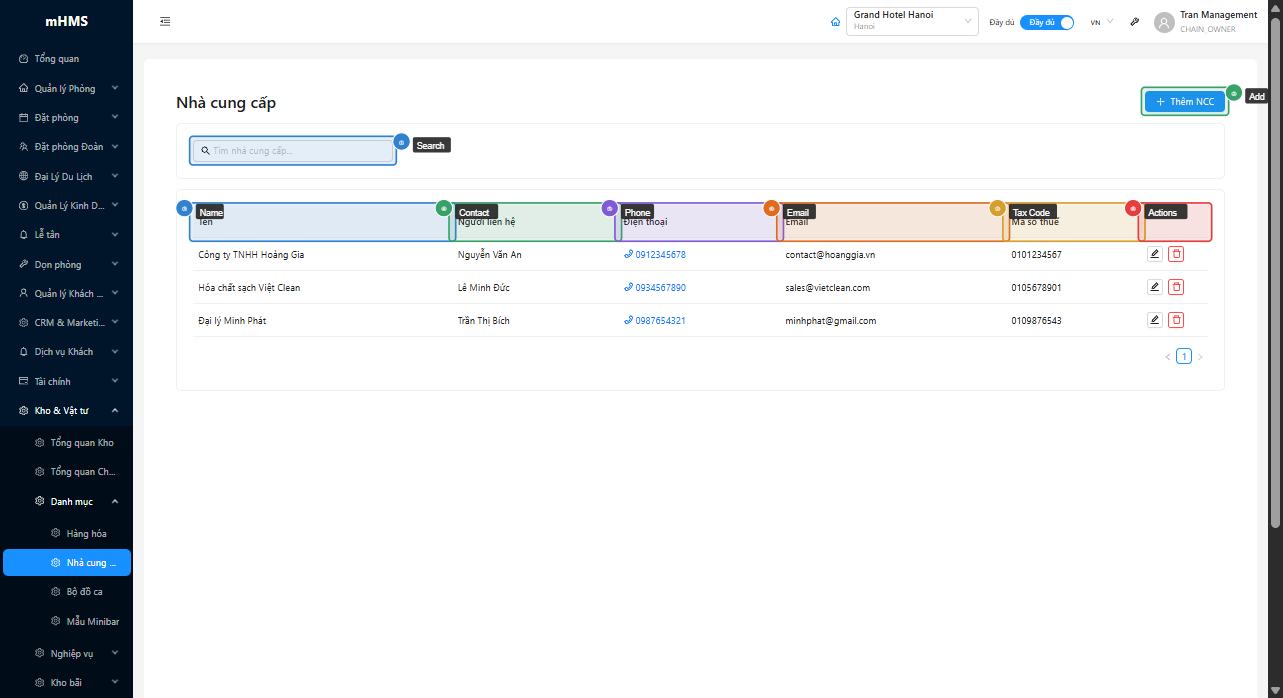 Tìm kiếm, nút Add và bảng nhà cung cấp