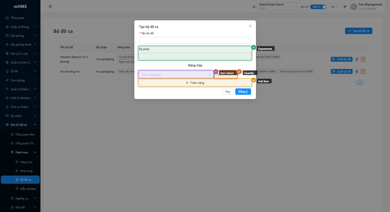 Modal tạo supply kit với trường Name, Department và danh sách Items động