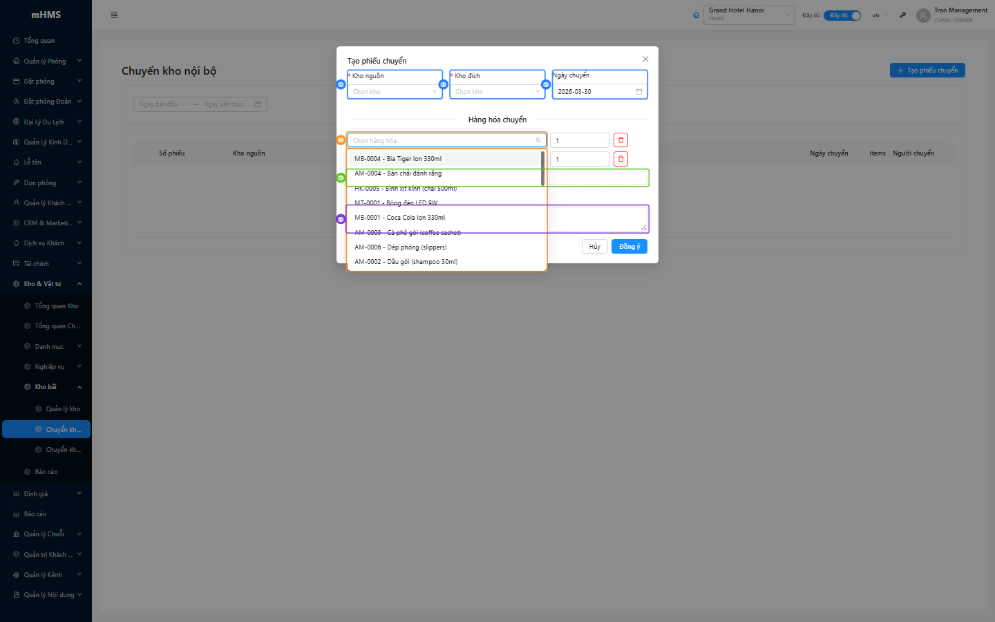 Modal tạo phiếu chuyển kho với form From/To/Date, danh sách item rows và trường Notes