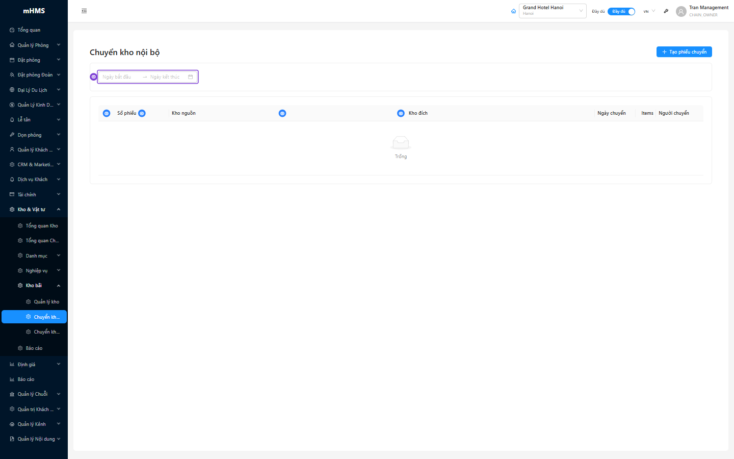 Bảng danh sách phiếu chuyển kho với bộ lọc ngày, số phiếu, kho nguồn, kho đích và số items