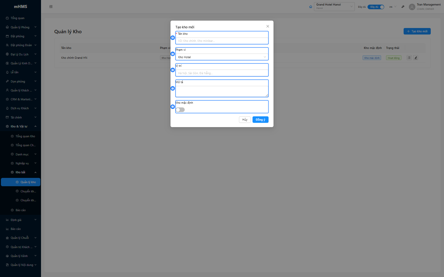 Modal tạo kho với các trường tên, phạm vi, vị trí, mô tả và công tắc mặc định
