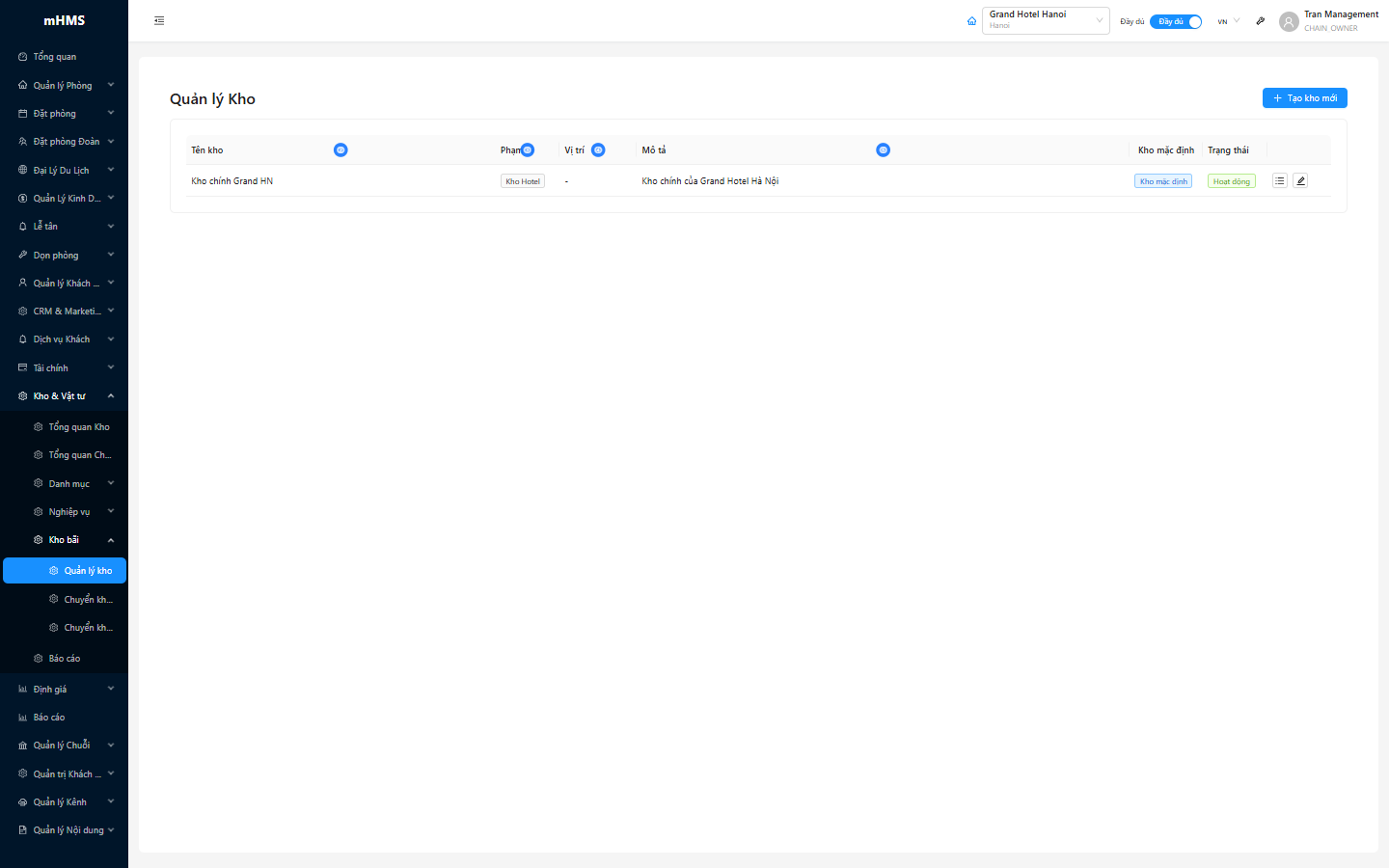 Bảng danh sách kho với tên, phạm vi, vị trí, trạng thái và các nút hành động