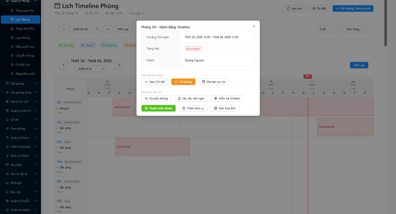 Action modal với đầy đủ các nút hành động